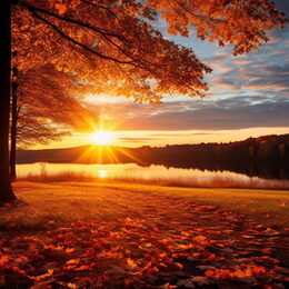 Autumn sunset  beautiful landscape,sun beam ,orange trees and colorful leaves on nature ,season