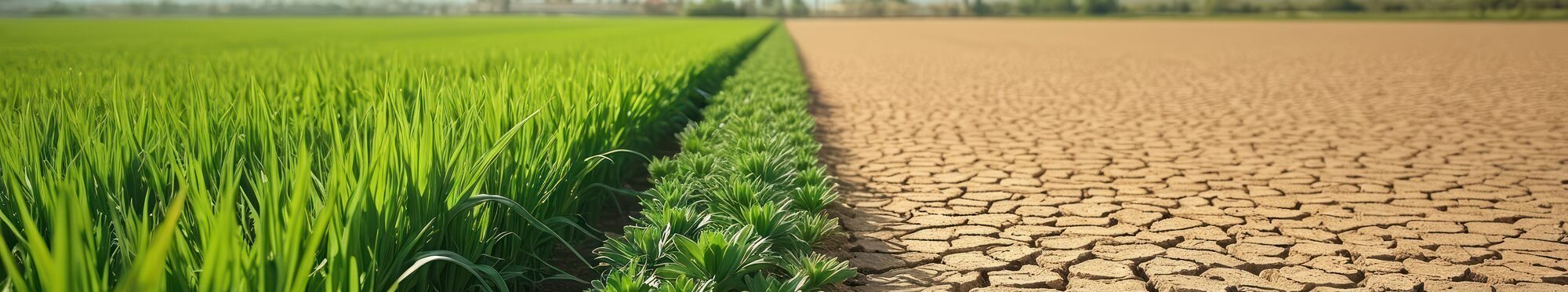 Striking contrast between rich green agriculture, cracked dry earth. Powerful visual of environmental imbalance, climate change impact, farming challenges. Image speaks to sustainability efforts,