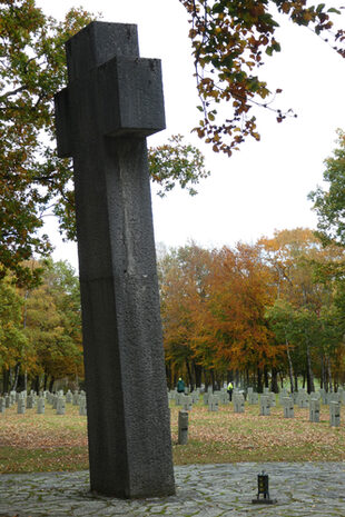 Das knapp 70 Jahre später aufgenommene Farbfoto macht deutlich, wie sich der Baumbestand in den zurückliegenden Jahren entwickelt hat. Außerdem ist erkennbar, dass sich das Hochkreuz inzwischen leicht geneigt hat und aufgrund der Witterungseinflüsse nachgedunkelt ist.