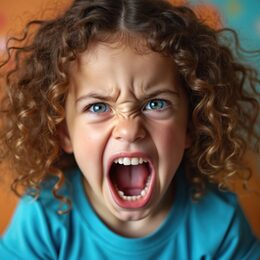Portrait of little girl shouting with open mouth, intense expression. Curly hair, blue eyes, emotion. Frustration, anger, tantrum, childhood behaviour, problem, commu-nication, psychology.