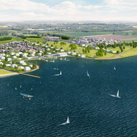 Bild zeigt ein Zukunftsmodell der einzigartigen Seenlandschaft in Inden-Schophoven