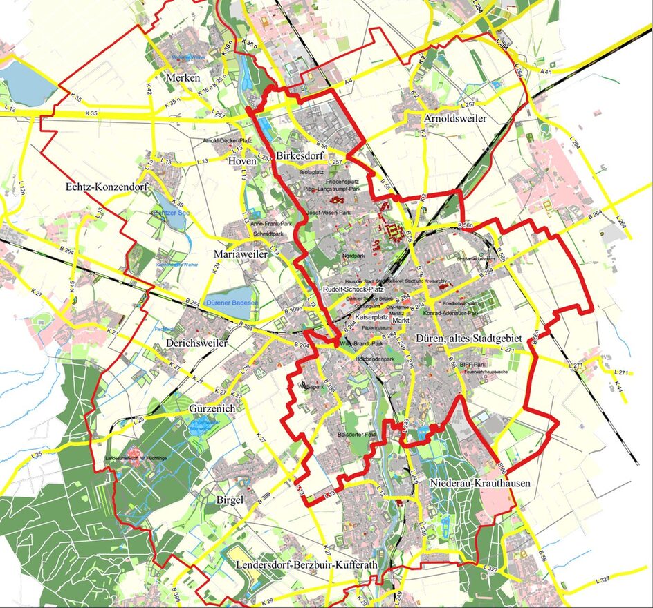 Karte der Stadt  Düren mit dem eingezeichneten Gebiet, für das die Allgemeinverfügung gilt