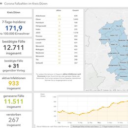 Die Übersichtstafel zeigt in Zahlen und Grafiken die aktuellen Corona-Werte an