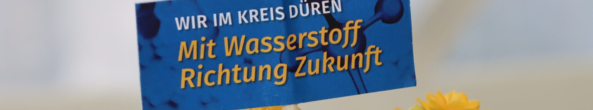 Blumen mit einem Schild darin, auf dem steht "Mit Wasserstoff Richtung Zukunft"