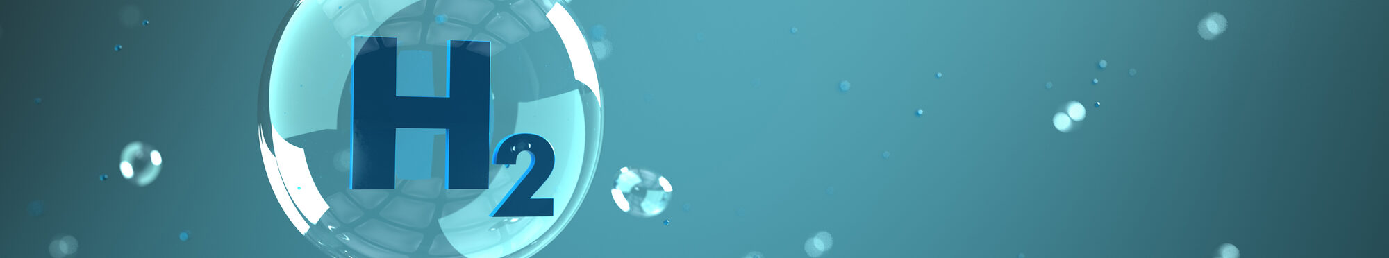 H2 hydrogen bubbles on the cyan background. 3d illustration.