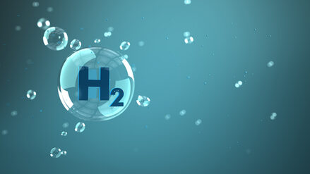 H2 hydrogen bubbles on the cyan background. 3d illustration.