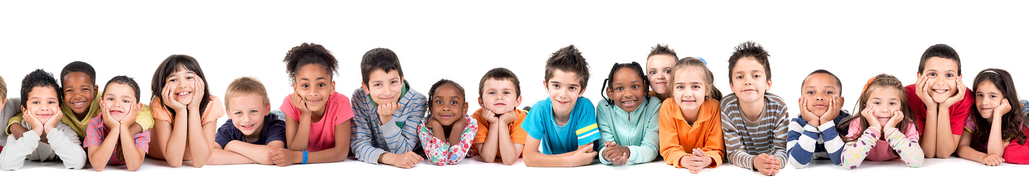 Large group of children posing isolated in white