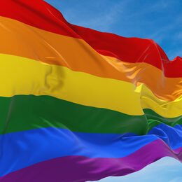 Gay Pride flag waving in the wind at cloudy sky. Freedom and love concept. Pride month. activism, community and freedom Concept. Copy space. 3d illustration,