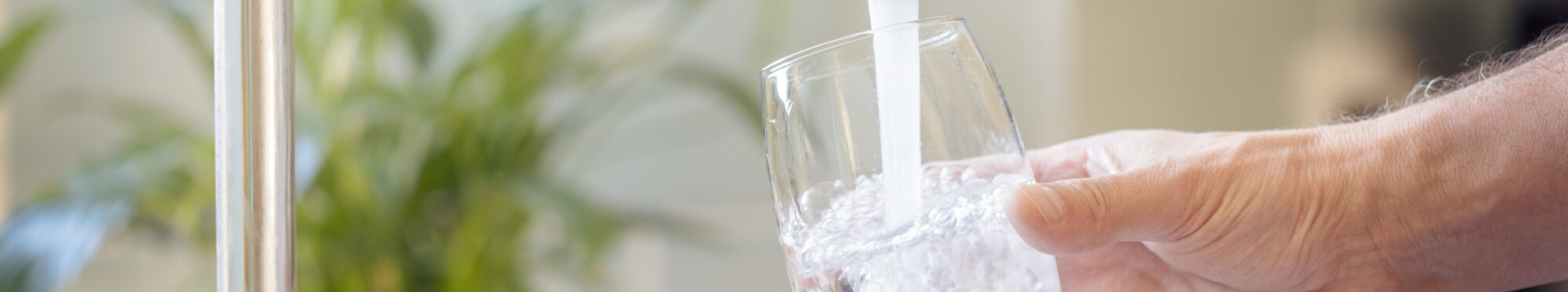 Filling up a glass with clean drinking water from kitchen faucet