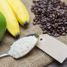 fair trade products: rice, coffe, banana, mango,