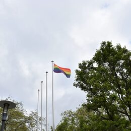 Bild zeigt wehende Regenbogenflagge vor dem Kreishaus in Düren.
