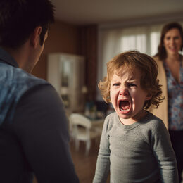 Angry screaming child with desperate parents.Stressed exhausted mother and father feeling desperate about screaming stubborn kid tantrum, upset annoyed parents tired of naughty difficult child girl misbehave yelling for attention