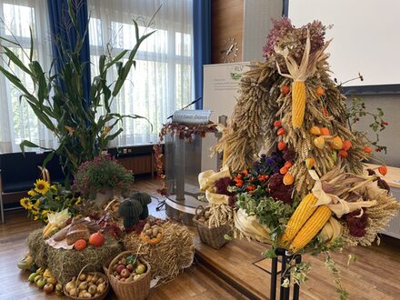 Der geschmückte Veranstaltungssaal des Kreishauses mit Erntekrone