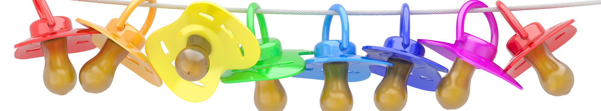 Row of babies dummies on rope.