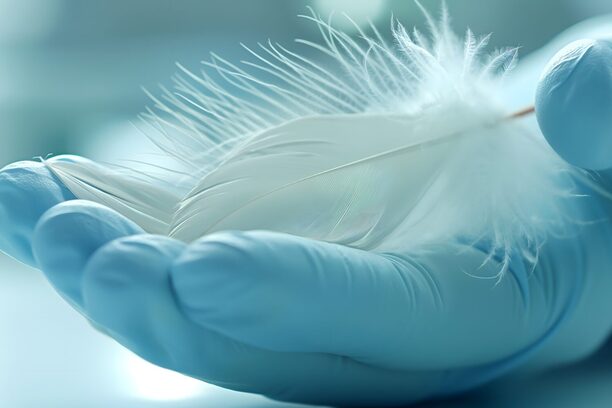 close up of a medical glove hand holding a feather, concept of bird flu awareness, global bird flu infection